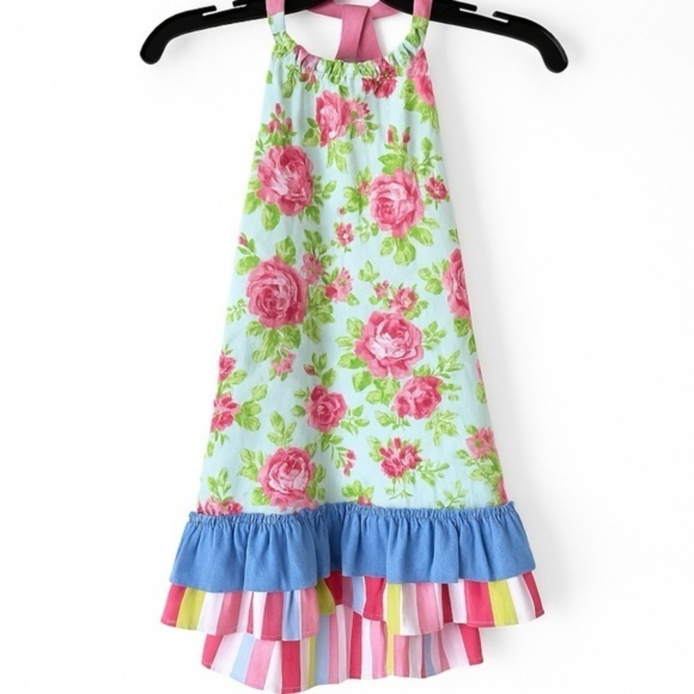 Vintage-Inspired Girls Floral Pink Roses Southern Summer Bow Halter Dress Sz 6X
